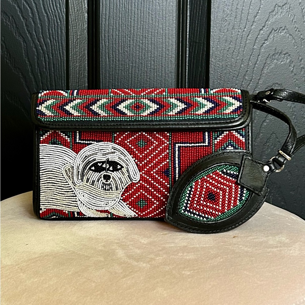 Very Rare Donald J. Pliner Shih Tzu beaded clutch bag with mirror